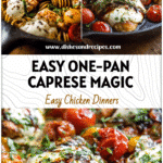 Skillet filled with balsamic chicken, melted mozzarella, and tomatoes for a One Pan Chicken Caprese Pasta.